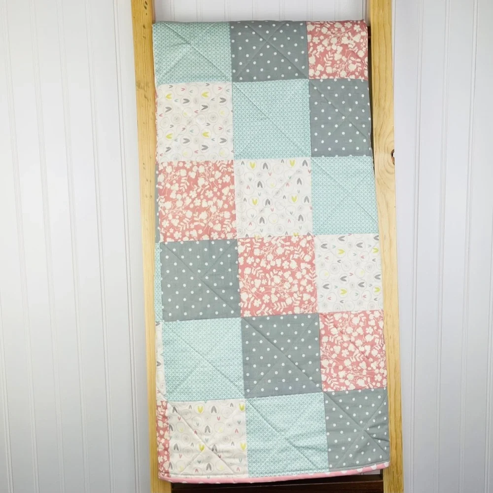 Handmade Easter / Spring Quilt Dusty Rose Blue Polka Dot Nursery Baby Bedding